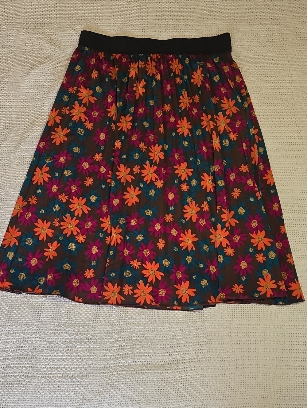 LuLaRoe Dark Brown Circle Skirt with Tangerine, Fushia, And Teal Floral Print